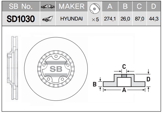 Диск тормозной HYUNDAI H1-STAREX 01--PORTER 04- передний вент.D 274мм. SD1030 SANGSIN