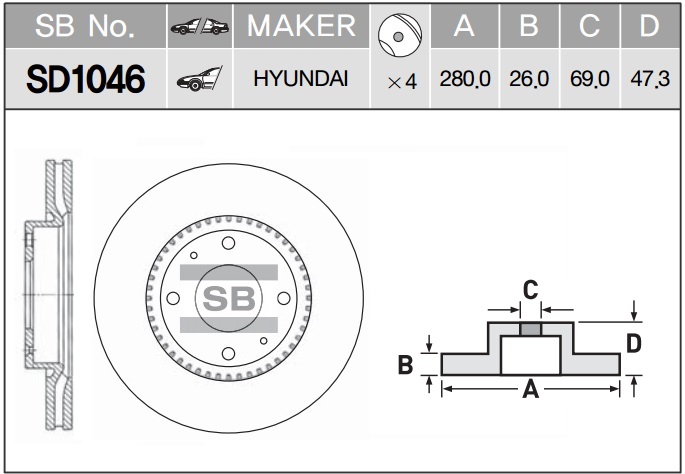 Диск тормозной Hyundai Sonata-Elantra 1.6-2.0-2.0CRDi 00-09 SD1046 SANGSIN