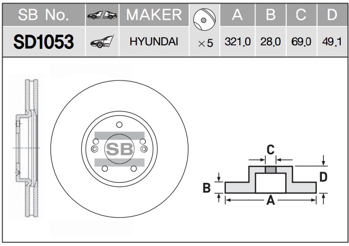 Диск тормозной HYUNDAI SANTA FE (SM) 05-06-(CM) 06- передний вент.D 321мм. SD1053 SANGSIN