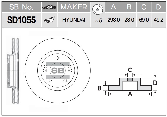 Диск тормозной HYUNDAI SANTA FE 06- 2.2-2.7 передний D 298 мм SD1055 SANGSIN