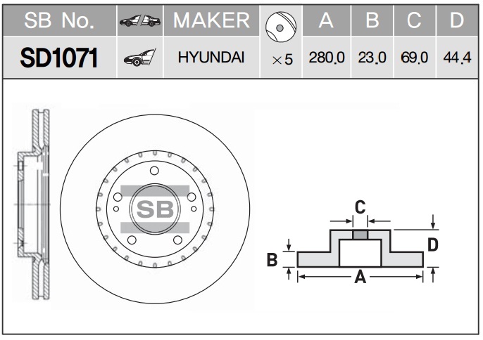 Диск тормозной HYUNDAI CRETA-i30 11--KIA CEED 12- передний вент. D 280мм SD1071 SANGSIN