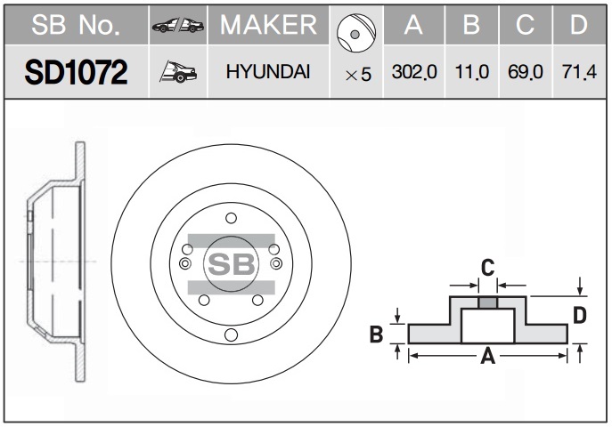 Диск тормозной KIA Sorento, Hyundai Santa Fe 2.4-2.0CRDi-2.2CRDi 09 SD1072 SANGSIN