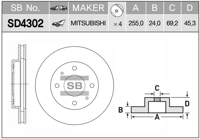 Диск тормозной Mitsubishi Galant-Carisma 1.6-1.8-2.0TDi 92-06 SD4302 SANGSIN