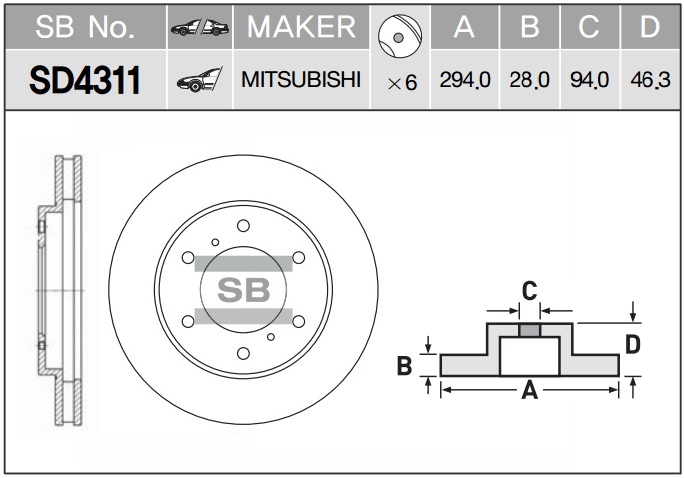 Диск тормозной MITSUBISHI L200 05- PAJERO SPORT 08- передний вент.D 293мм. SD4311 SANGSIN