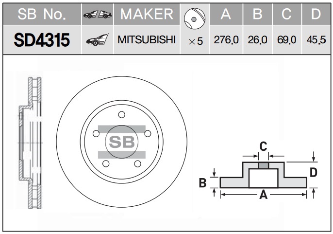 Диск тормозной MITSUBISHI LANCER 08- DODGE CALIBER 06- передний вент.D 276мм. SD4315 SANGSIN
