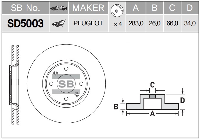 Диск тормозной CITROEN BERLINGO +ESP-C5-C4-PEUGEOT 207 05-307 05 передний SD5003 SANGSIN