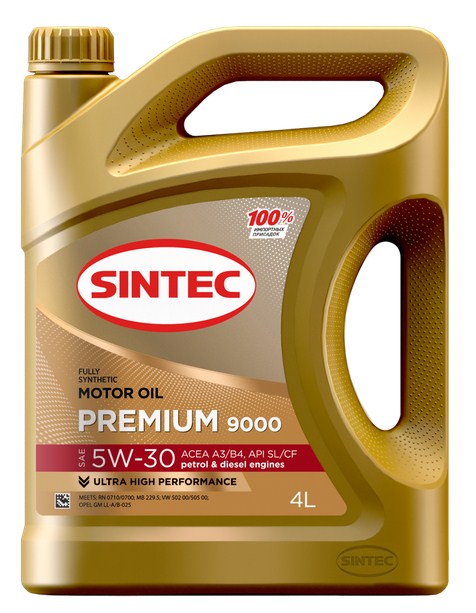 600103 SINTEC PREMIUM 9000 SAE 5W-30 API SL/CF ACEA А3/В4 4л масло моторное синтетическое