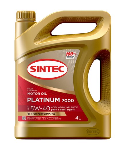 600139 SINTEC PLATINUM 7000 SAE 5W-40 API SN/CF ACEA A3/B4 4л масло моторное синтетическое