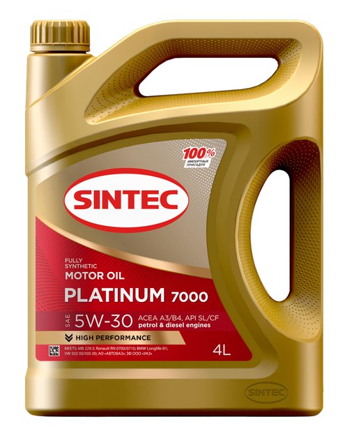 600144 SINTEC PLATINUM 7000 SAE 5W-30 API SL/CF ACEA A3/B4 4л масло моторное синтетическое