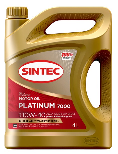 600167 SINTEC PLATINUM 7000 SAE 10W-40 API SN/CF ACEA A3/B4 4л масло моторное синтетическое